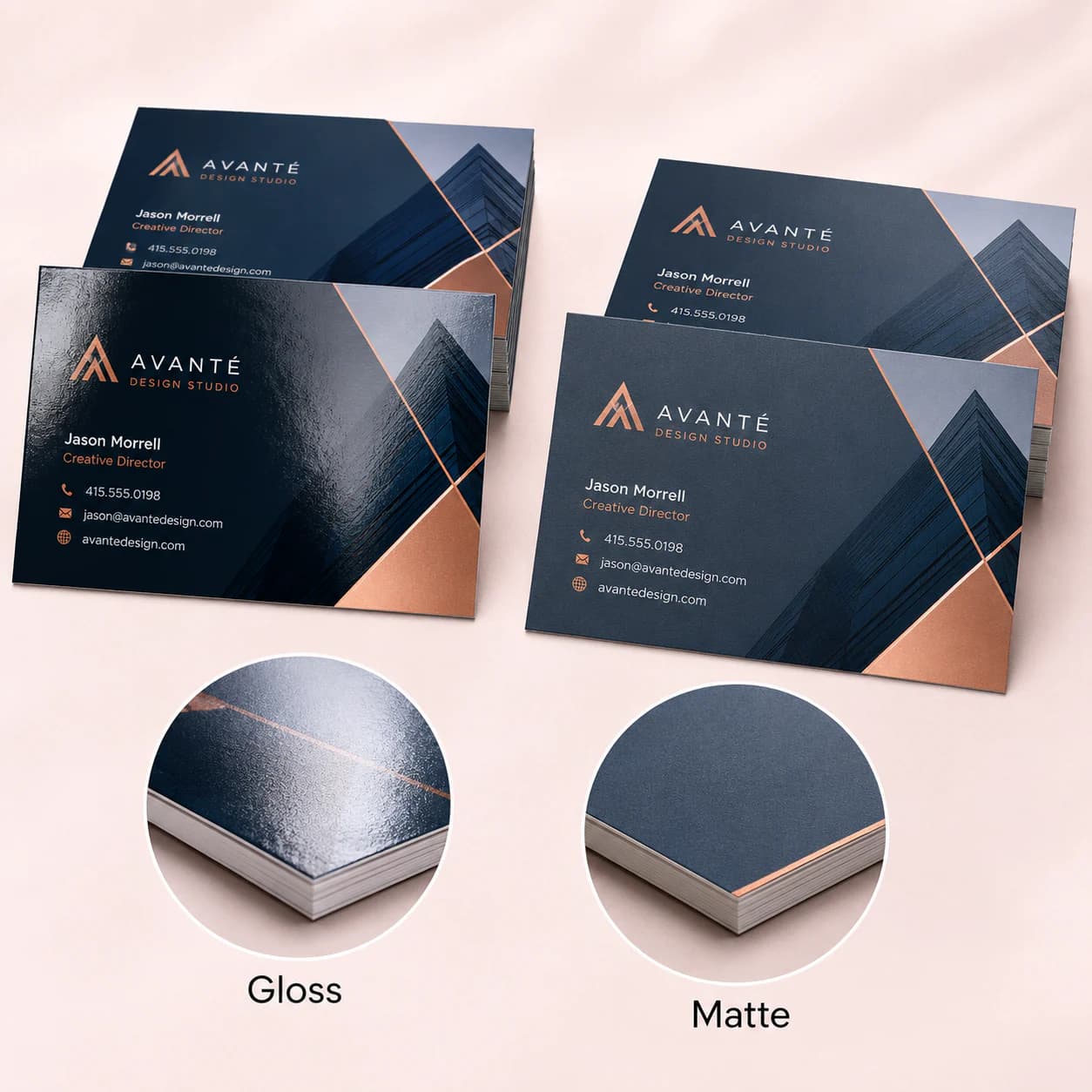Standard business cards in gloss and matte finishes