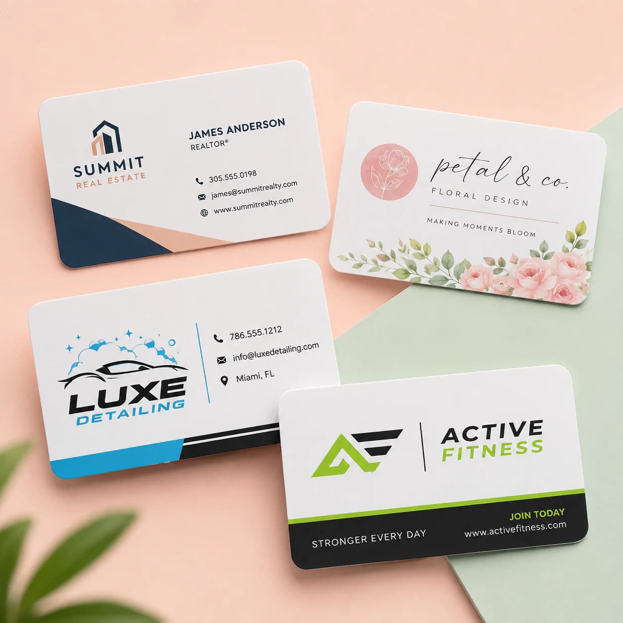 Rounded white plastic business cards
