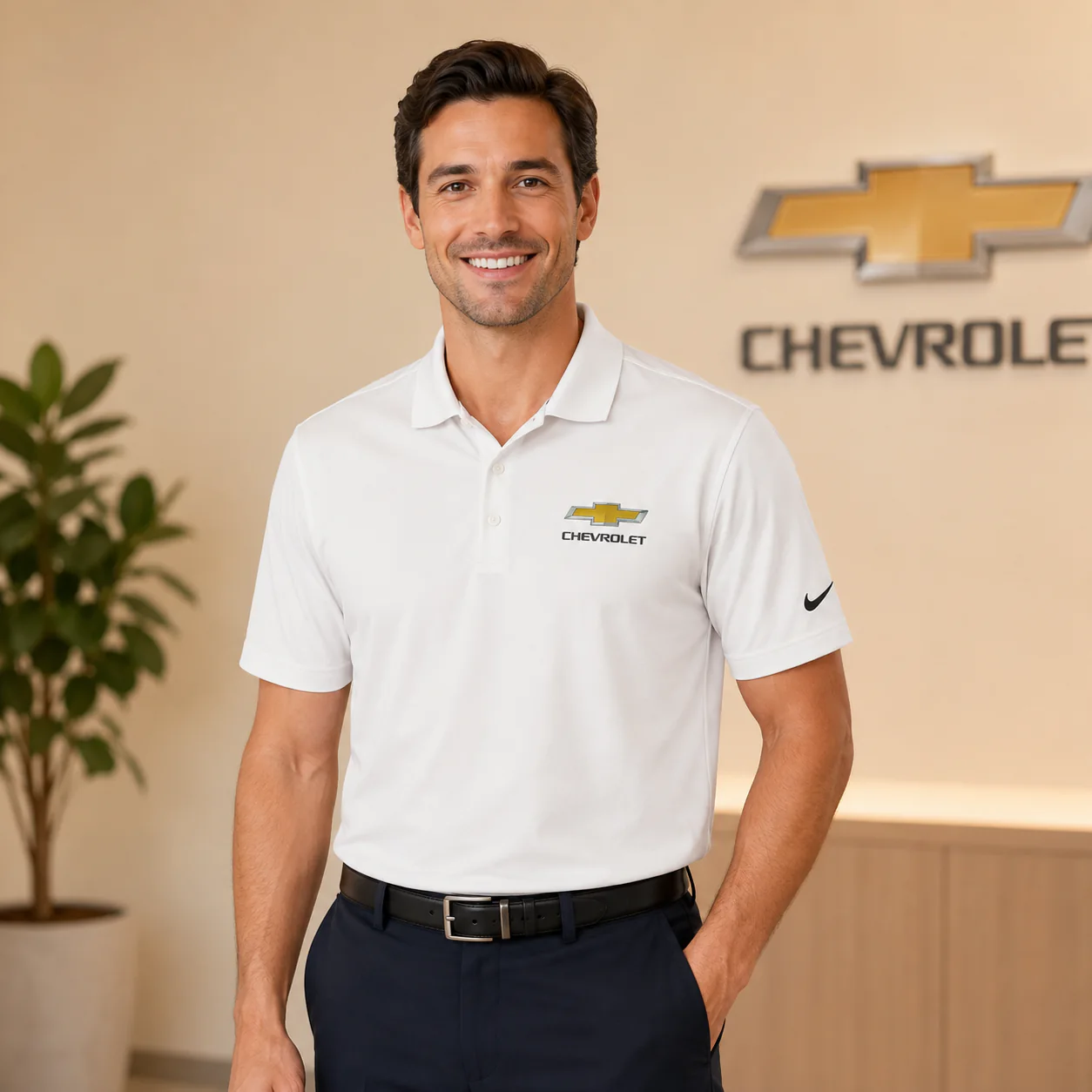 Chevrolet dealership team member wearing a white Nike Dri-FIT uniform polo