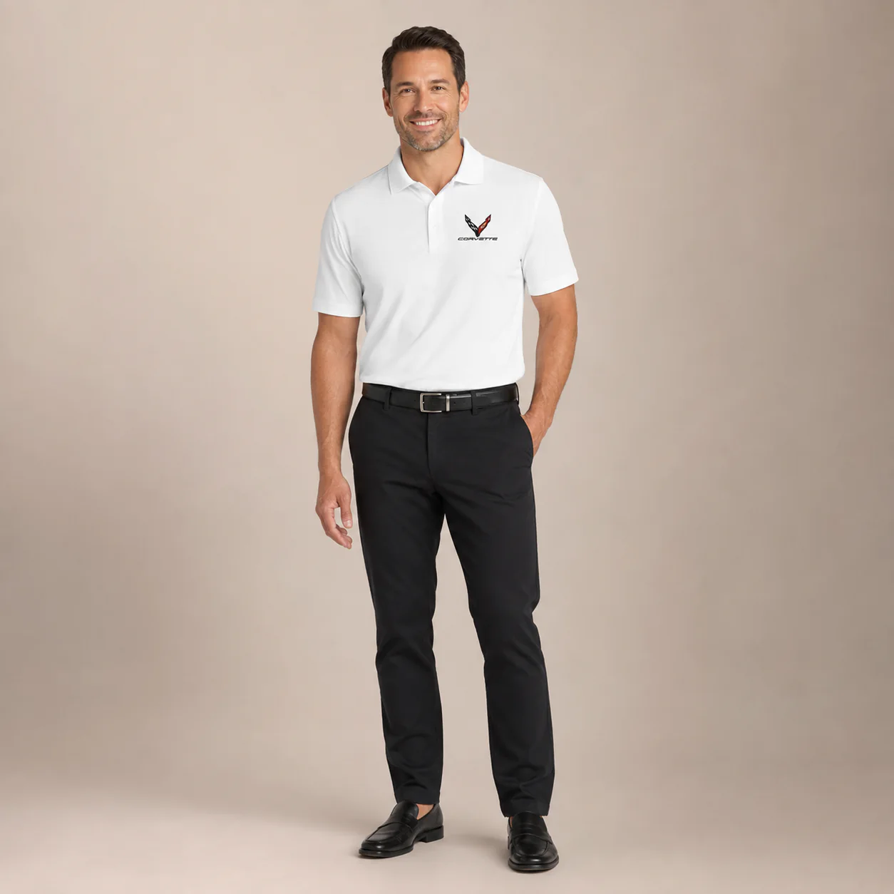 Corvette dealership team member wearing a white Port Authority uniform polo