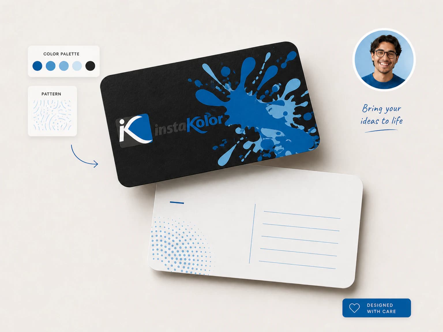 We Design service artwork showing a brand design concept with palette and print layout